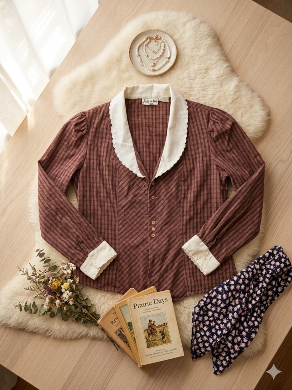 VTG 70s Huk-A-Poo Plaid Blouse Scalloped Peter Pan Collar Cuffs Button Front